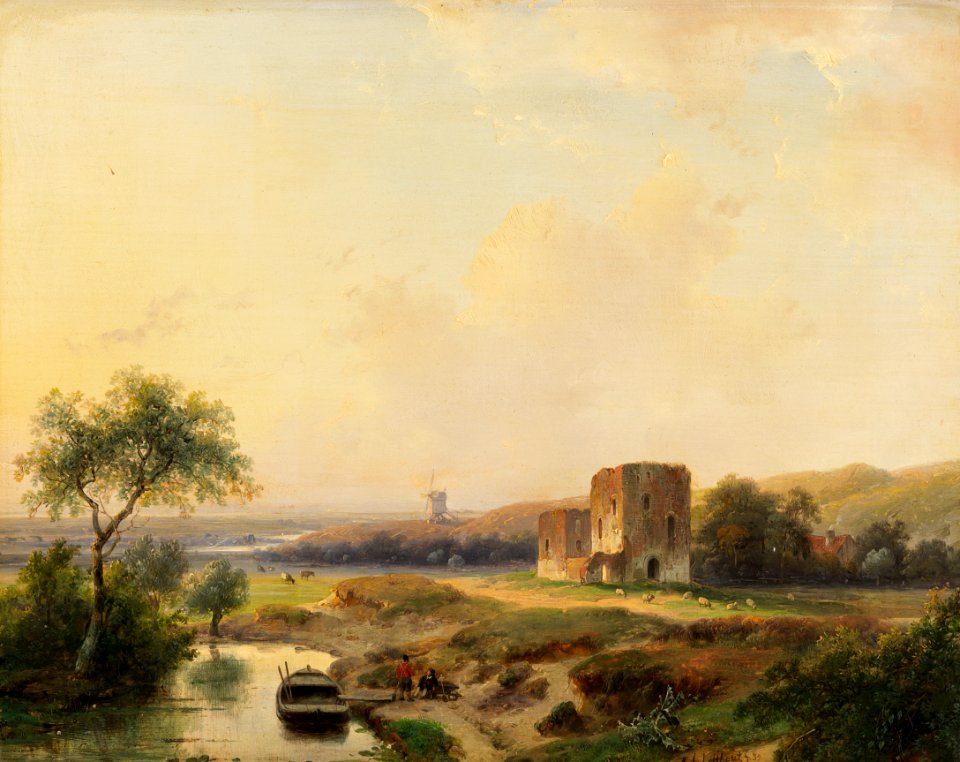 Andreas Schelfhout - Rivierenlandschap bij Haarlem met windmolen en de ruïne van Brederode