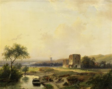 Andreas Schelfhout - Rivierenlandschap bij Haarlem met windmolen en de ruïne van Brederode