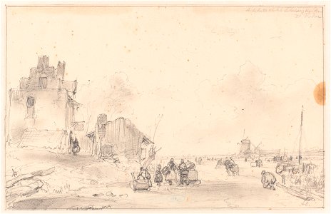 Andreas Schelfhout - Winterlandschap met diverse mensen op het ijs