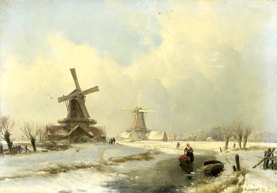 Follow. of Andreas Schelfhout - Winterlandschap met twee windmolens