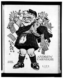 Andrew Carnegie, 1835-1919, full, standing, wearing kilt, throwing money in air LCCN2005696202