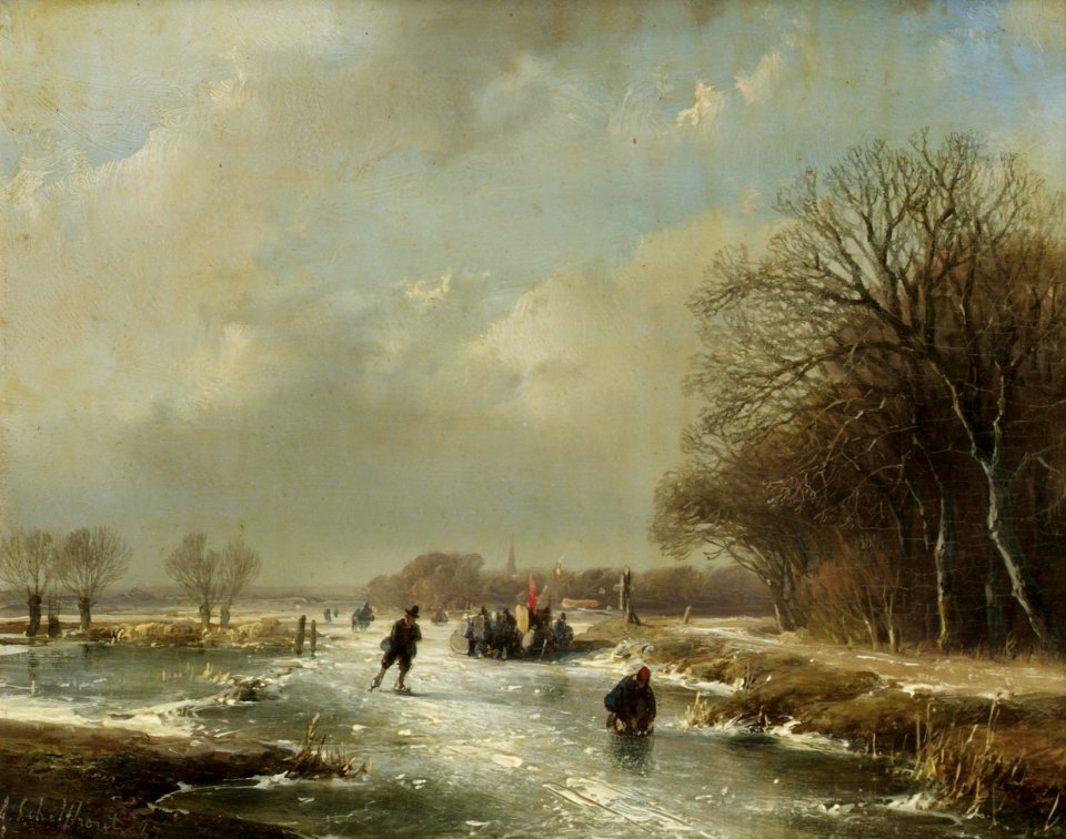 Andreas Schelfhout - Winterlandschap met schaatsers