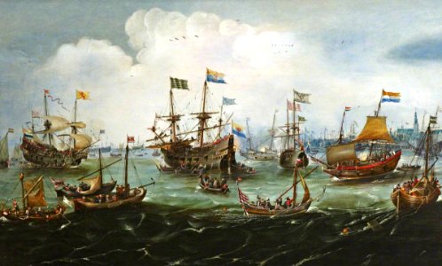 Andries van Eertvelt (1590-1652) - The Return to Amsterdam of the Second Expedition to the East Indies on 19 July 1599 - BHC0748 - Royal Museums Greenwich. Free illustration for personal and commercial use.