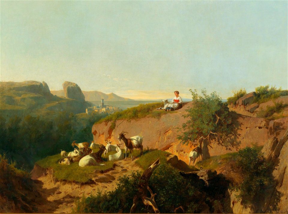 András Markó - Southern landscape with goats and shepherd