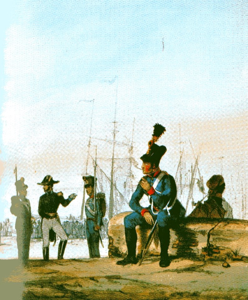 Angehörige der österreichischen Marine um 1840 Marine-Matrosenkorps, Marineinfanterie und Marineartillerie. Zeitgenössische Darstellung