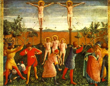 Angelico, predella dei santi cosma e damiano da pala di san marco, crocefissione. Free illustration for personal and commercial use.