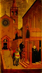 Angelo degli Erri - Szene aus dem Leben des Hl. Vinzenz Ferrer, Besuch des Priors von Oreola beim Heiligen, Tod des Bruders Gilabertus vor der Kirchentür - GG 6701 - Kunsthistorisches Museum