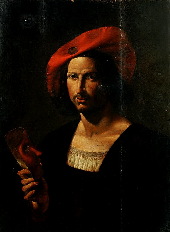Angelo Caroselli (Attr.) - Portrait of a gentleman in a wide-brimmed red hat holding a mask