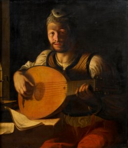 Angelo Caroselli - Young man playing a lute by candlelight. Free illustration for personal and commercial use.