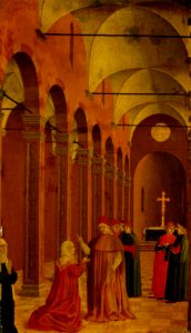 Angelo degli Erri - Szene aus dem Leben des Hl. Vinzenz Ferrer, Die Mutter des Heiligen fragt den Bischof von Valencia n - GG 6700 - Kunsthistorisches Museum