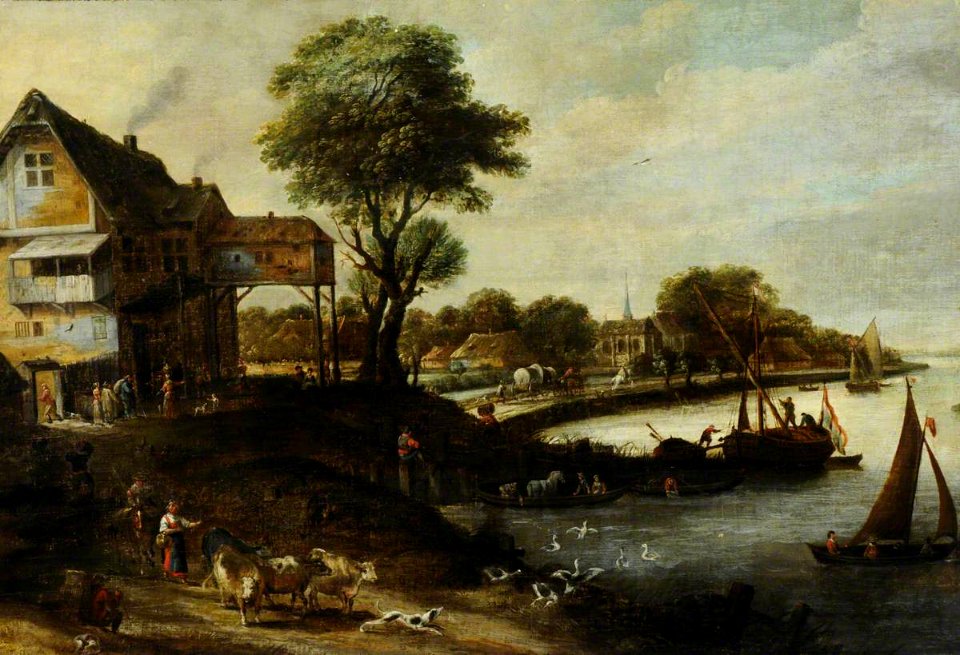 Anglo-Flemish School - A River Landscape with a Village, Figures and Livestock - 593149 - National Trust