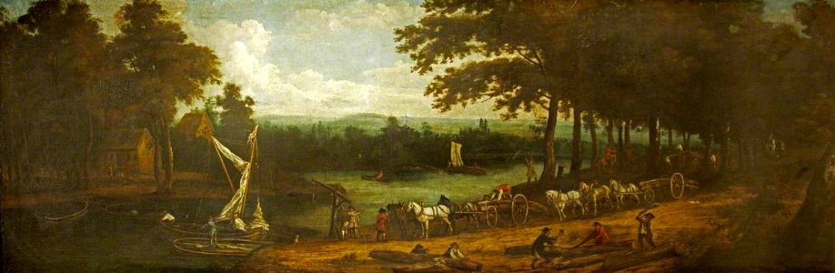 Anglo-Dutch School - A Wooded River Landscape with Timber Wagons - 21105 - National Trust
