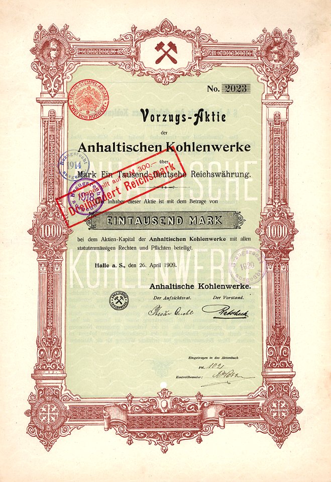 Anhaltische Kohlenwerke 1000 Mk 1909