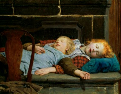 Albert Anker - Zwei schlafende Mädchen auf der Ofenbank (1895). Free illustration for personal and commercial use.