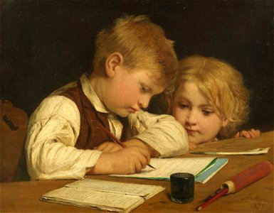 Albert Anker Schreibender Knabe mit Schwesterchen I 1875