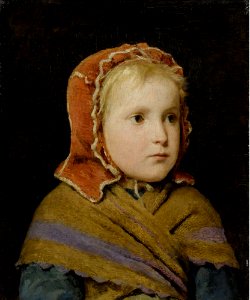 Albert Anker Mädchen mit roter Haube c1866. Free illustration for personal and commercial use.