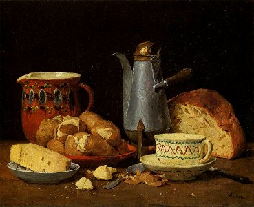 Albert Anker - Kaffee, Milch und Kartoffeln (ca. 1896). Free illustration for personal and commercial use.