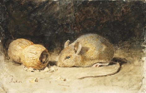 Albert Anker - Eine Maus mit einer Erdnuss