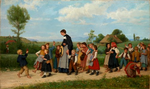 Albert Anker - Der Schulspaziergang (1872). Free illustration for personal and commercial use.