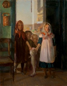 Anna Ancher, Skagener kinder tragen einen dorsch herein,o.dat, Museum Kunst der Westküste. Free illustration for personal and commercial use.