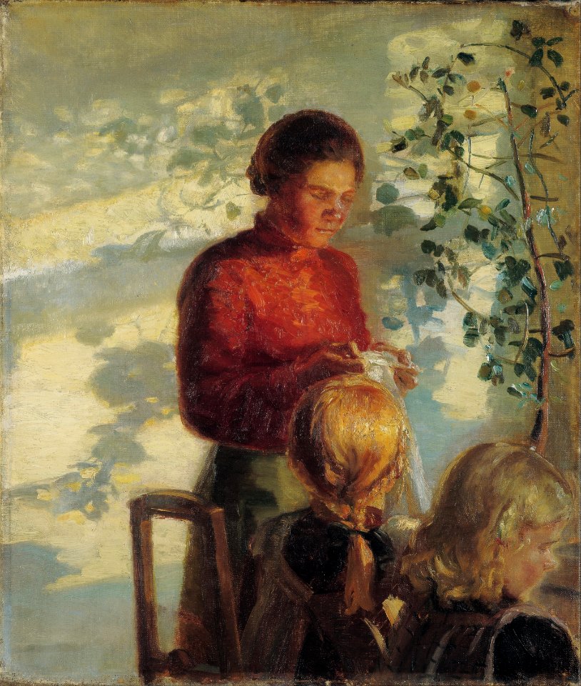 Anna Ancher - Two little girls being taught how to sew - Google Art Project