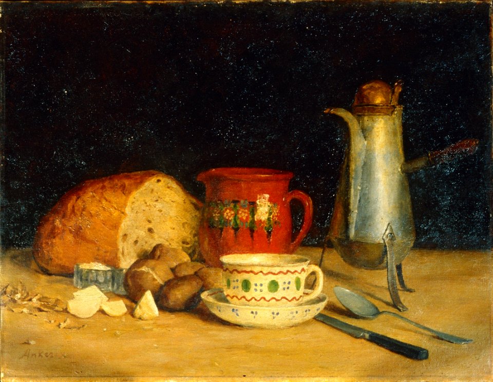 Albert Anker - Stillleben mit Kaffeekanne, Milchkrug, Tasse, Brot und Kartoffeln (1902)