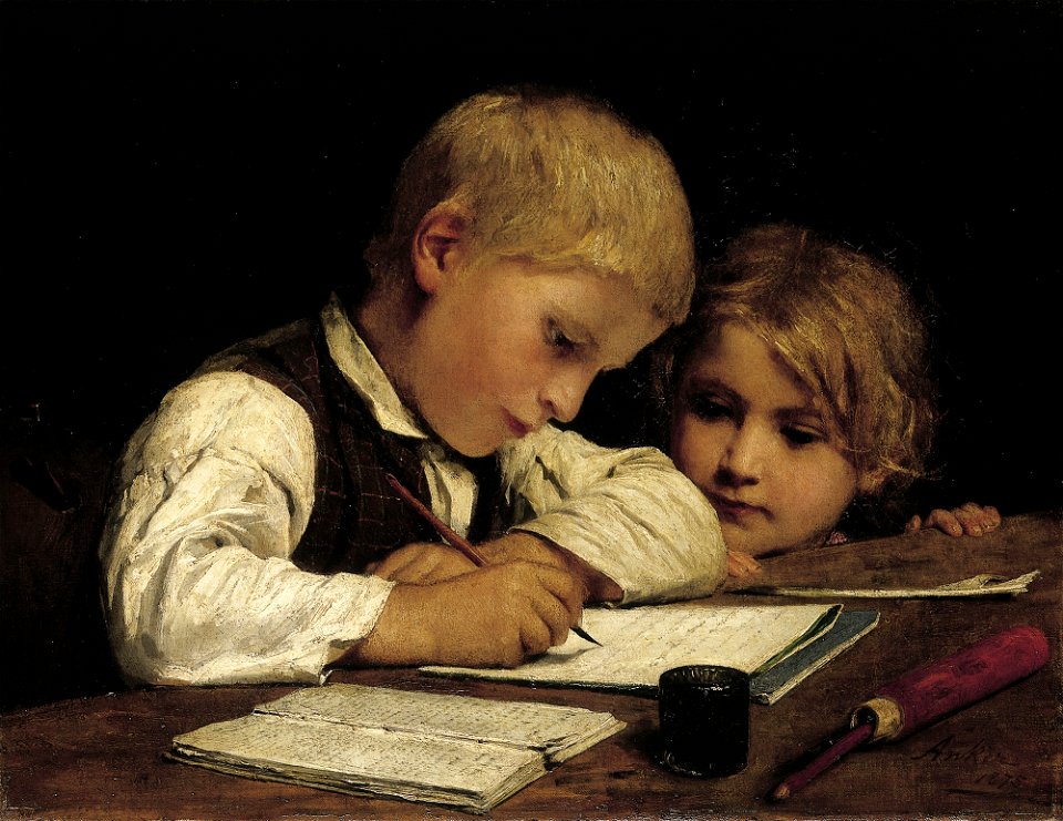 Albert Anker - Schreibender Knabe mit Schwesterchen