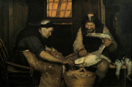 Anna Ancher - Old couple plucking gulls. Lars Gaihede and old Lene - Google Art Project. Free illustration for personal and commercial use.