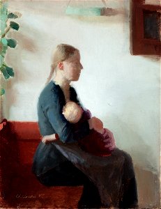 Anna Ancher, Ung-mor-med-barn, 1887, 1870, Skagens Museum. Free illustration for personal and commercial use.