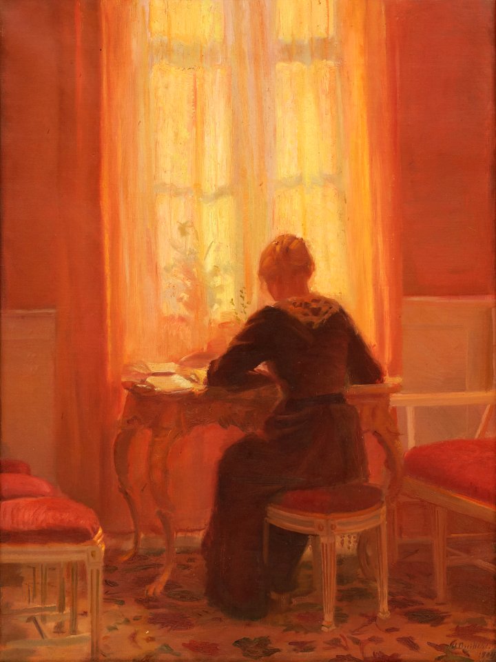 Anna Ancher - Den røde stue. Interiør med kunstnerens datter Helga - 1904