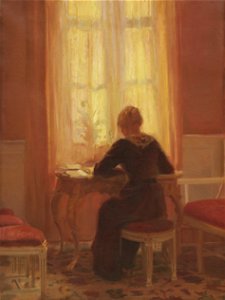Anna Ancher - Den røde stue. Interiør med kunstnerens datter Helga - 1904