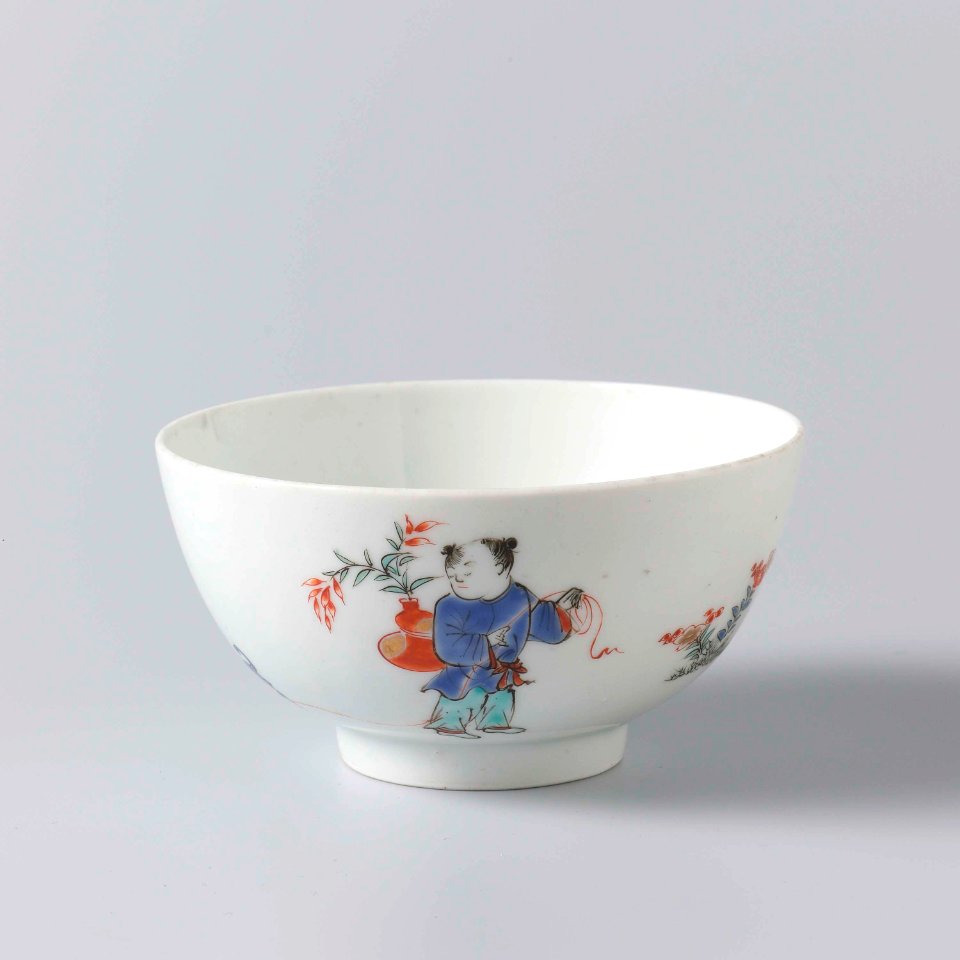 Bowl with boy, dog, bushes and birds