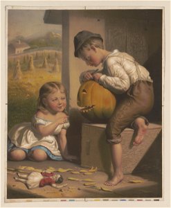 Boy and girl carving pumpin into Jack-O'Lantern LCCN2004667296