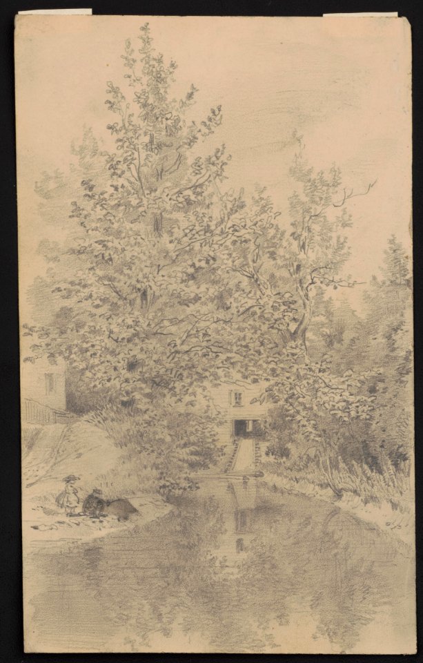 Boy fishing beside a stream while a girl watches over his shoulder, also, at center, a building with plane or skid for rolling logs LCCN2016645605