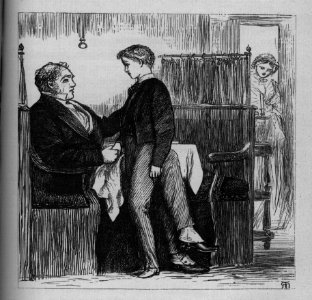 Boy sitting on man's lap - Tom Brown's School Days (1869). Free illustration for personal and commercial use.