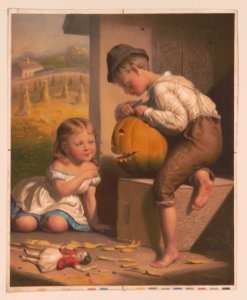 Boy and girl carving pumpin into Jack-O'Lantern LCCN2004667296