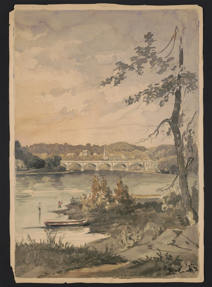 Boys fishing on the banks of the Schuylkill River in Philadelphia, with a large stone bridge, possibly the Philadelphia and Reading Railroad, Schuylkill River Viaduct, spanning the river in LCCN2016649109