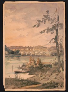 Boys fishing on the banks of the Schuylkill River in Philadelphia, with a large stone bridge, possibly the Philadelphia and Reading Railroad, Schuylkill River Viaduct, spanning the river in LCCN2016649109