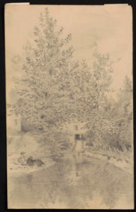 Boy fishing beside a stream while a girl watches over his shoulder, also, at center, a building with plane or skid for rolling logs LCCN2016645605