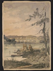 Boys fishing on the banks of the Schuylkill River in Philadelphia, with a large stone bridge, possibly the Philadelphia and Reading Railroad, Schuylkill River Viaduct, spanning the river in LCCN2016649109. Free illustration for personal and commercial use.