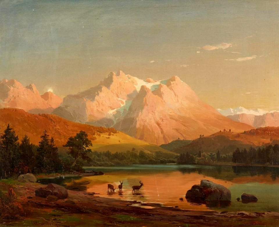 Heinrich Brandes - Hochgebirgslandschaft mit Hirschen