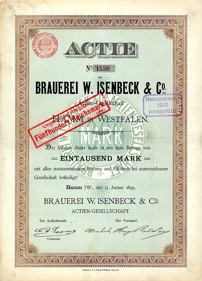 Brauerei W. Isenbeck 1000 Mk 1899
