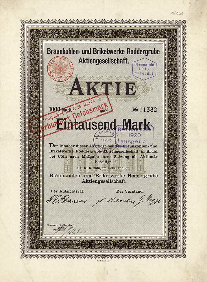 Braunkohlen- und Briketwerke Roddergrube 1000 Mk 1909