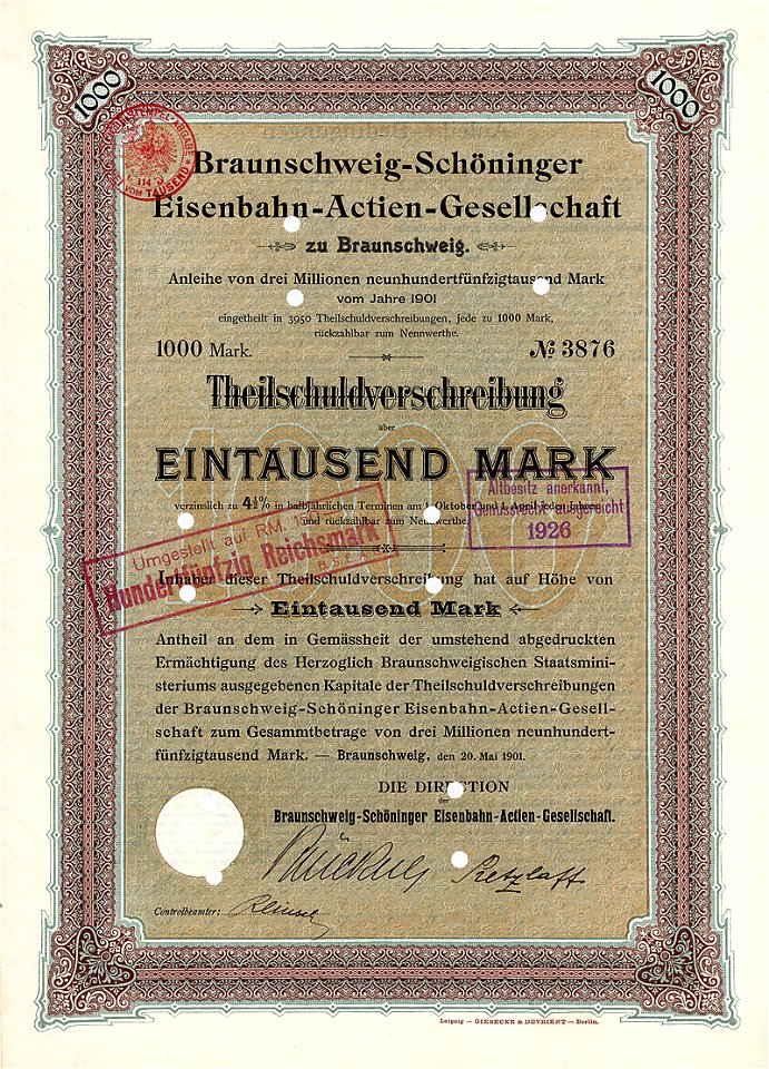 Braunschweig-Schöninger Eisenbahn-AG 1000 Mk 1901