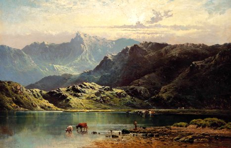 Alfred de Bréanski Snr. - Cattle watering at the edge of a loch, late afternoon. Free illustration for personal and commercial use.