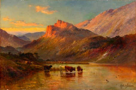 'Sunset in the Scottish Highlands' by Alfred de Breanski. Free illustration for personal and commercial use.