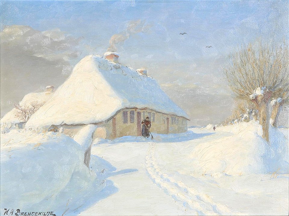 Hans Andersen Brendekilde - Vinterlandskab med kvinde ved et bondehus