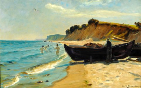 H. A. Brendekilde - Sommerdag ved stranden med badende drenge og fisker ved en båd (1900s)
