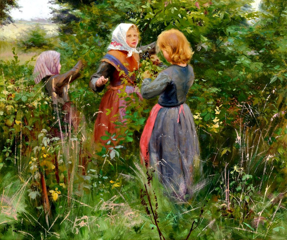 H. A. Brendekilde - Tre småpiger plukker brombær (ca1885)