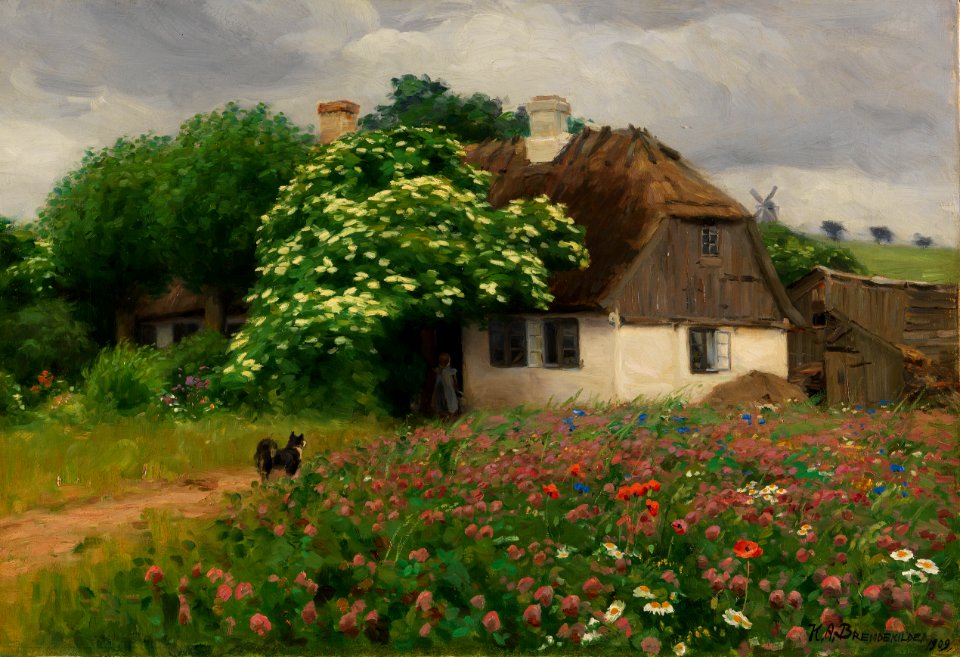 H. A. Brendekilde - Bondehus med eng blomster (1909)